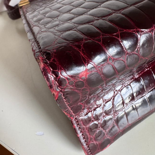 Gucci Vintage Burgundy Alligator Leather Blue Lapis Lazuli Stone Gold-tone Hardware Handbag