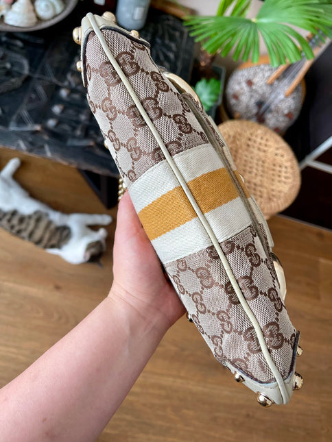Gucci Horsebit 1955 Small Cloth Beige Monogram Yellow Web Shoulder bag