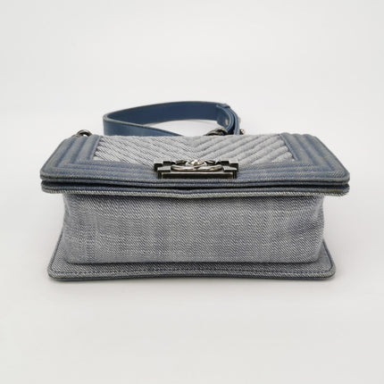 Chanel Le Boy Small Denim Blue Jeans Chevron Stitching Silver Hardware