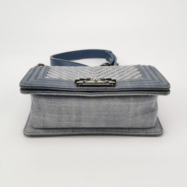 Chanel Le Boy Small Denim Blue Jeans Chevron Stitching Silver Hardware