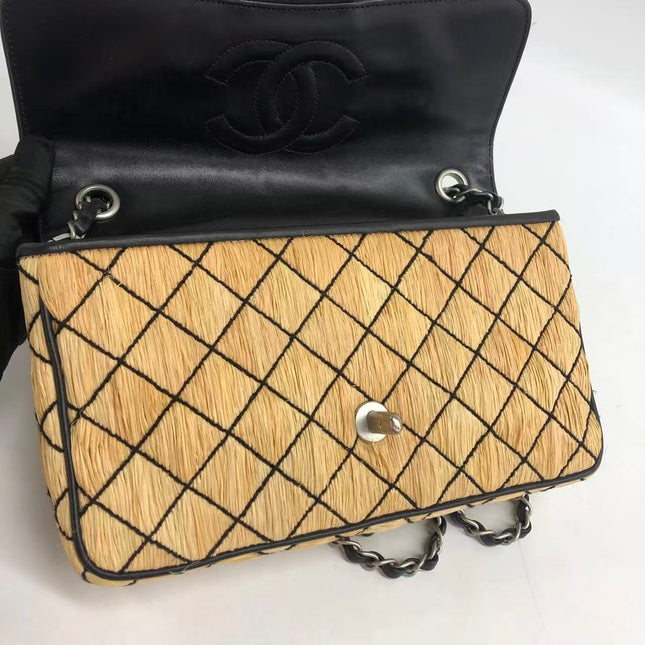Chanel Medium Straw Wicker Flap Bag Black Diamond Wild Stitch