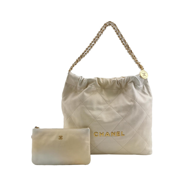 Sold Chanel 22 Hobo Bag Medium Shiny Calfskin Leather White with Gold-tone Hardware