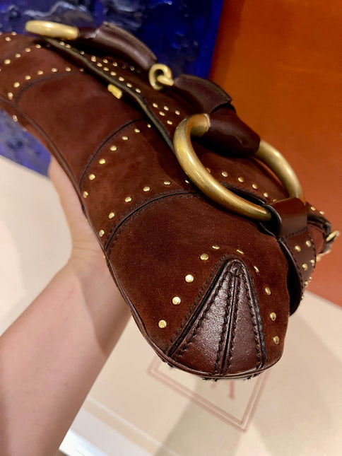 Sold Gucci Horsebit 1955 Chain Suede leather bag in Burgundy with gold studs
