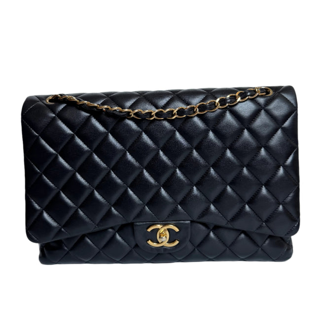 Chanel Classic Flap Maxi Black Lambskin Leather Double Flap with Gold-tone Hardware-Luxbags