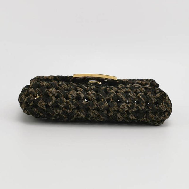Fendi Baguette Mini Canvas Crochet Zucca Dark Green and Gold Hardware