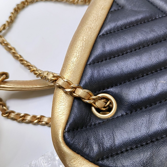 Chanel Camera Bag Chevron Stitching Black Gold Lambskin Leather Double Gold Chain, 2014