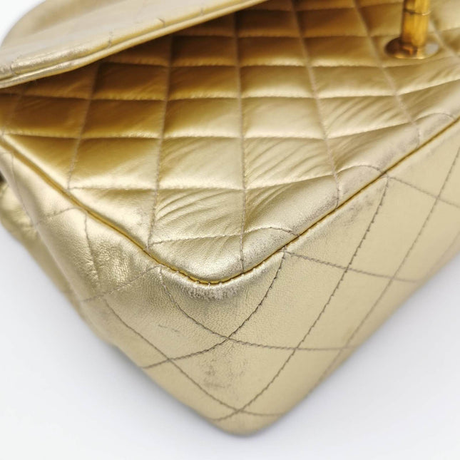 Sold Chanel 1994 Classic Flap Kelly Top Handle Bag Medium Metallic Gold Lambskin Leather