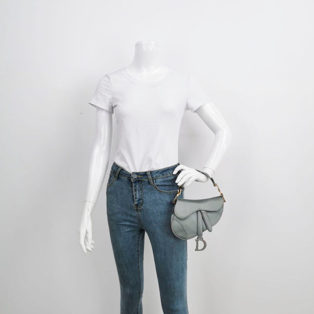 Sold Dior Saddle Mini Silk Blue Grey with Crystal Embedded Buckles