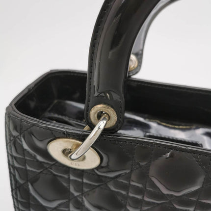 Lady Dior Medium Black Patent Leather Handbag with Silver Hardware