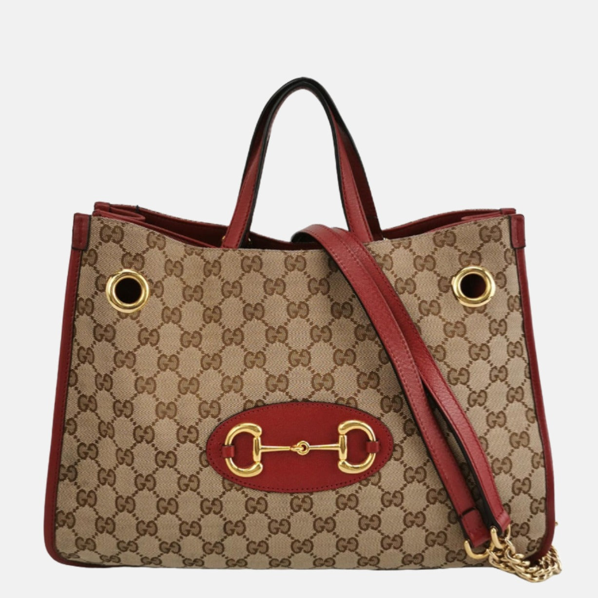 Gucci 1955 Horsebit Chain Tote Red Leather and Monogram Canvas-Luxbags