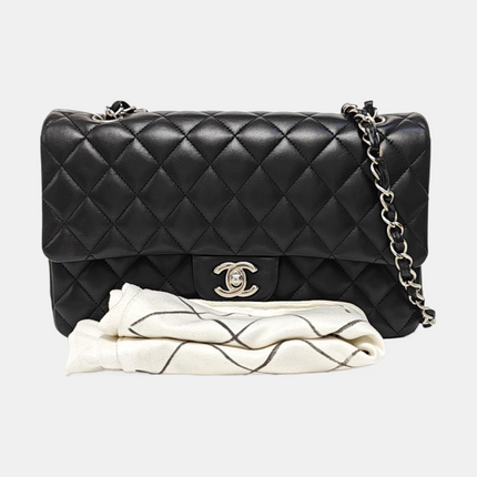 Chanel Timeless Classic Flap Medium 2014 Black Lambskin Leather Silver Hardware
