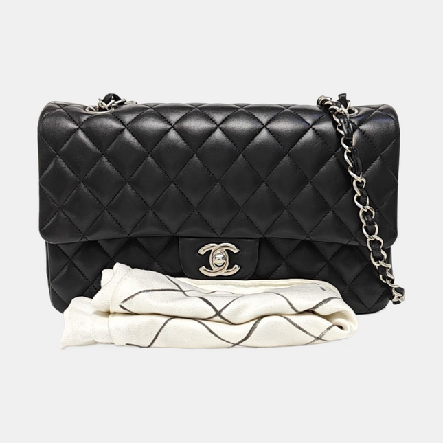 Chanel Timeless Classic Flap Medium 2014 Black Lambskin Leather Silver Hardware