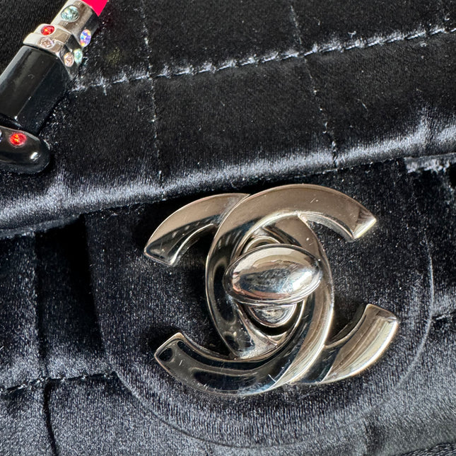 Chanel Extra Mini Flap Bag Black Satin Choco Bar Lipstick Mirror Crossbody, 2005
