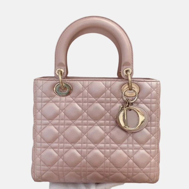 Lady Dior Medium Handbag Pearlescent Pink Cannage Leather Gold Hardware-Luxbags