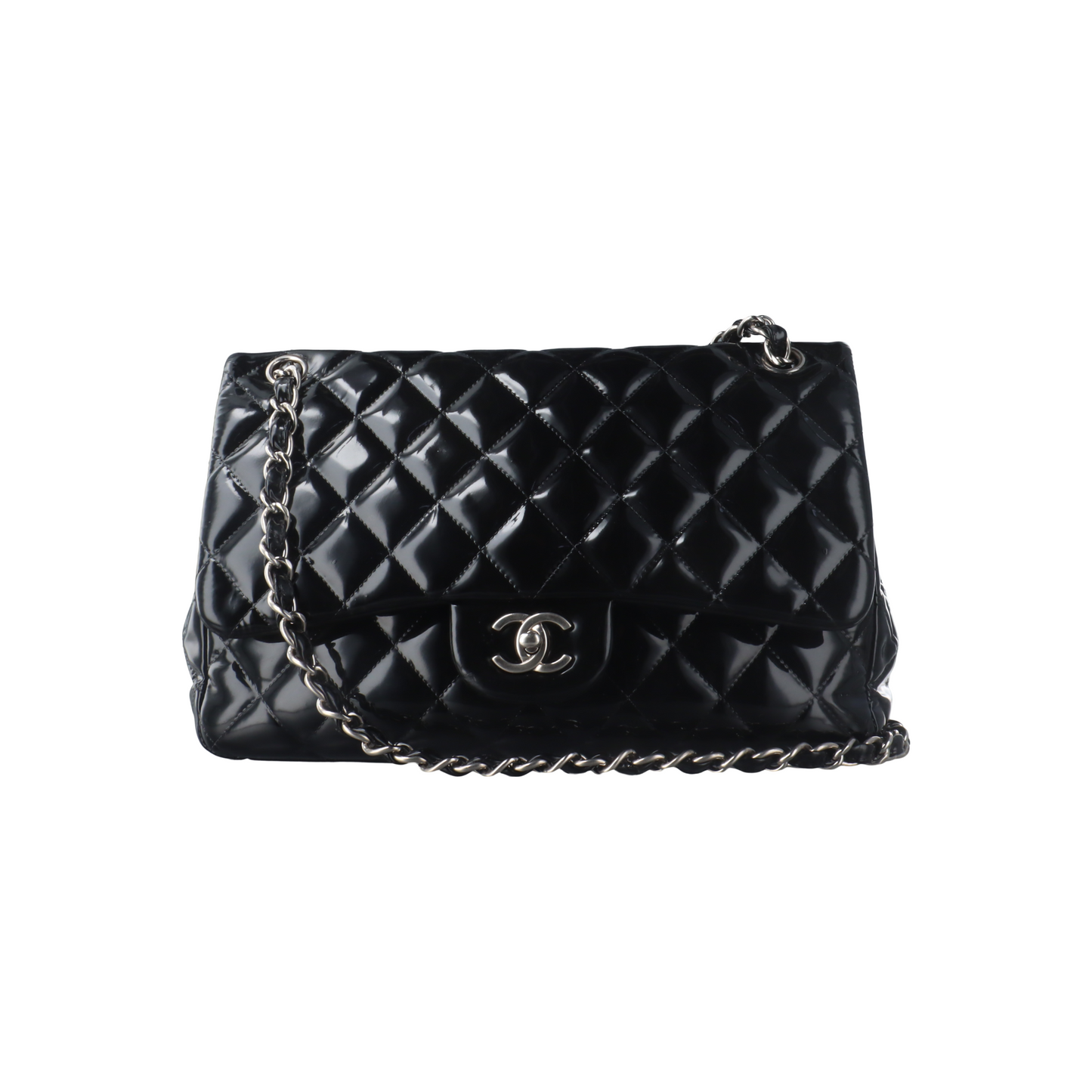 Chanel Classic Flap Jumbo Large Black Patent Leather Silver Hardware, 2011-Luxbags