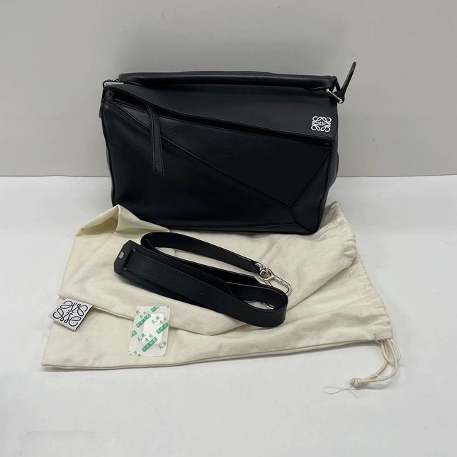 Loewe Puzzle Medium Black Smooth Leather White Logo 2016