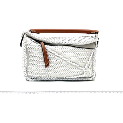 Loewe Puzzle Small Leather Woven Braided White Crossbody Bag