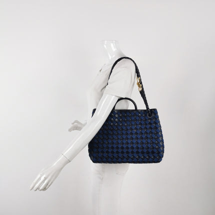 Bottega Veneta Andiamo Medium Navy Leather and Denim Intrecciato Leather Handbag