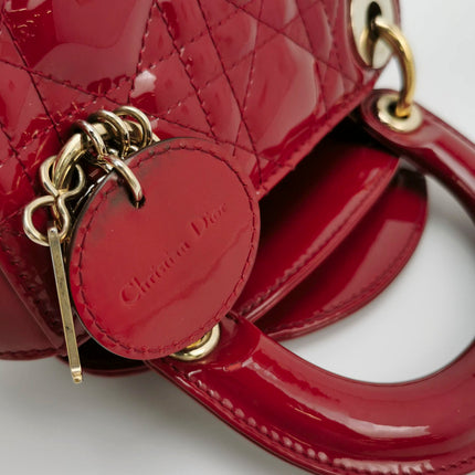 Sold Lady Dior Mini Handbag Red Patent Leather Gold-tone Leather and Chain Strap