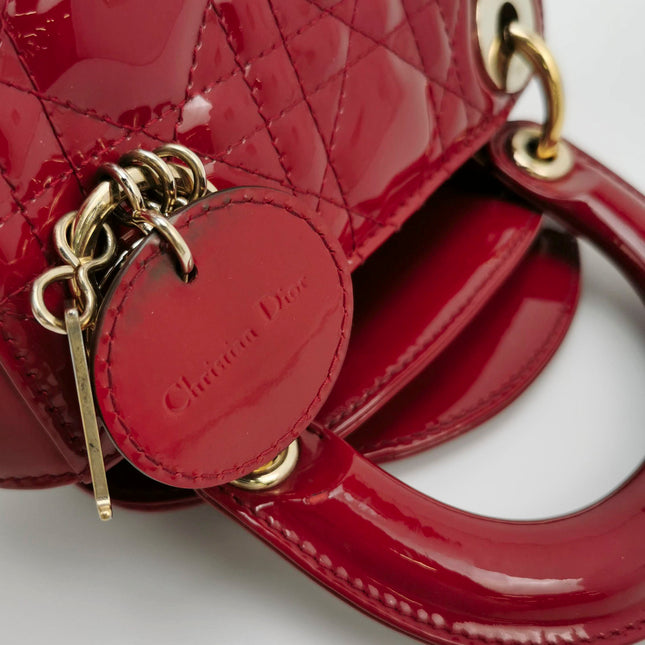 Sold Lady Dior Mini Handbag Red Patent Leather Gold-tone Leather and Chain Strap