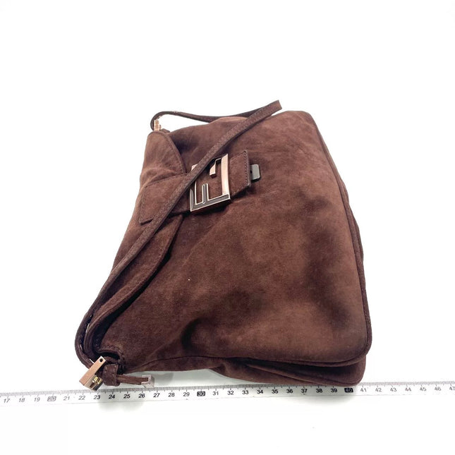 Fendi Baguette Large Dark Brown Suede Leather Shoulder Bag