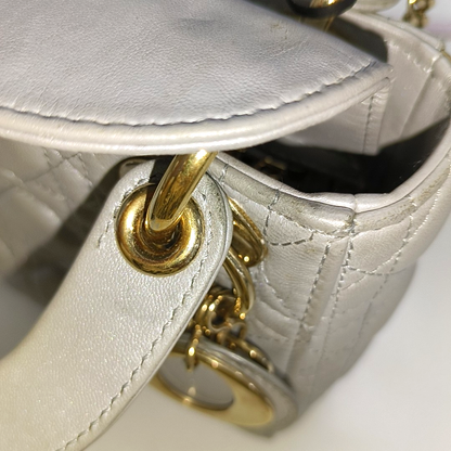 Lady Dior Mini Pearlescent Grey Lambskin Leather Gold HW Chain Strap