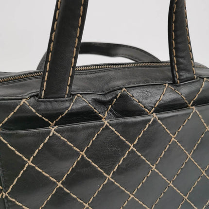 Sold Chanel Surpique Zip Around Satchel Black Quilted Wild Stitch Leather Large