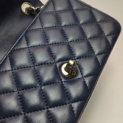 Chanel Classic Flap Mini Rectangular Navy Lambskin Leather Gold Hardware Microchip