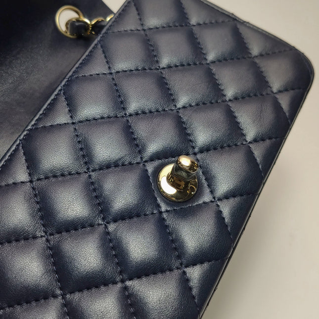 Chanel Classic Flap Mini Rectangular Navy Lambskin Leather Gold Hardware Microchip