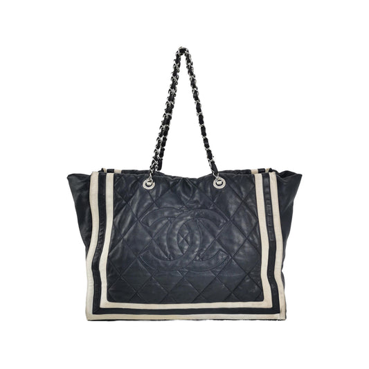 Chanel CC Shopping Tote Medium Cannage Lambskin Leather Navy with White Stripes