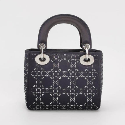 Lady Dior Mini Black Silk with Crystals Silver Hardware