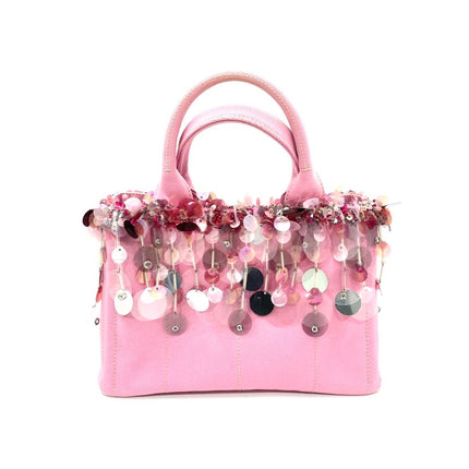 Prada Canape Small Pink Canvas with Sequins Top Handle Bag with Strap Rare