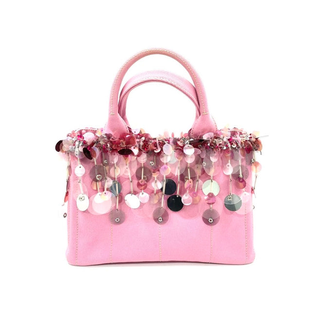Prada Canape Small Pink Canvas with Sequins Top Handle Bag with Strap Rare