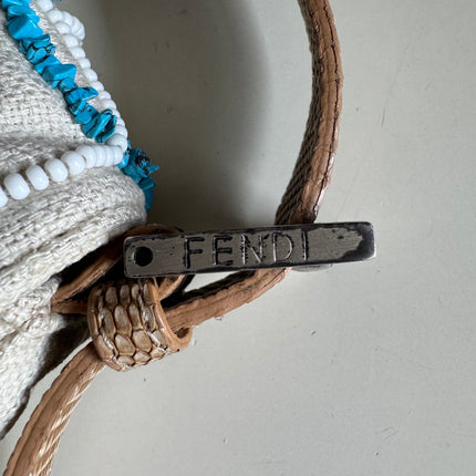 Fendi Mamma Baguette Needlepoint White Canvas and Blue and White Stones Embroidery