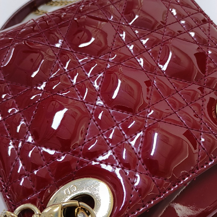 Lady Dior Mini Handbag Burgundy Red Patent Leather Gold-tone Chain Strap