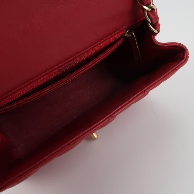 Chanel Classic Flap Mini Square Red Lambskin Leather Gold Hardware