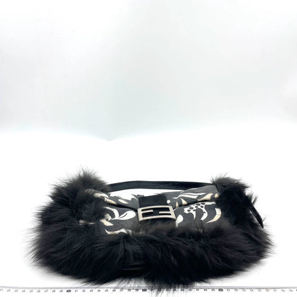 Fendi Baguette Black Print Fabric and Furry Shoulder Bag