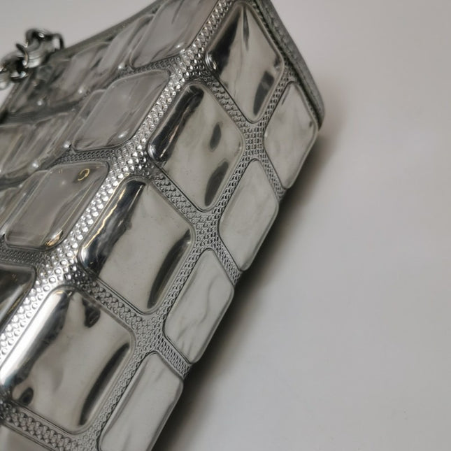 Chanel Ice Cube Chocolate Bar Clutch Metallic Silver PVC with Leather Shoulder Bag