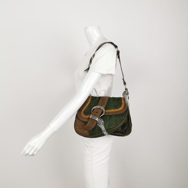 Sac Bandoulière Dior Vintage Gaucho Grand Jean Vert Cuir Bordeaux 2006