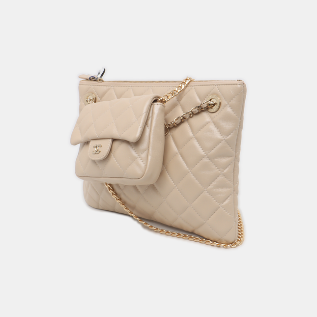 Chanel Beige Iridescent Lambskin Quilted Pouch with Mini Flap Purse