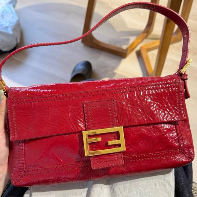 FENDI Baguette Red Crinkled Patent Leather Shoulder Bag