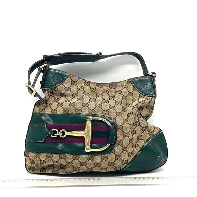 Gucci Large Vintage Green Leather and Monogram Side Horsebit Shoulder Bag-Luxbags