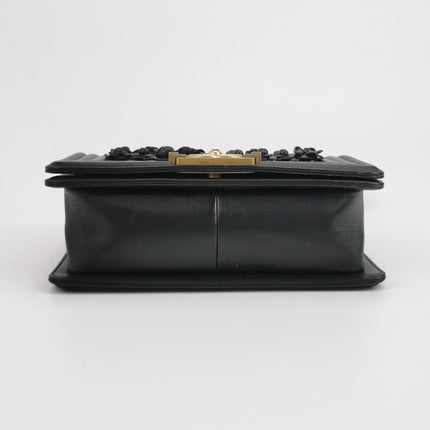 Chanel Le Boy Bag Small Camellia Black Lambskin Leather Gold Hardware