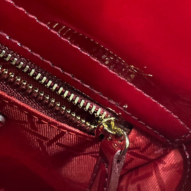 Lady Dior Mini Handbag Burgundy Red Patent Leather Gold-tone Chain Strap