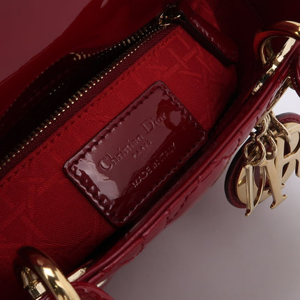 Lady Dior Mini Handbag Burgundy Red Patent Leather Gold-tone Chain Strap