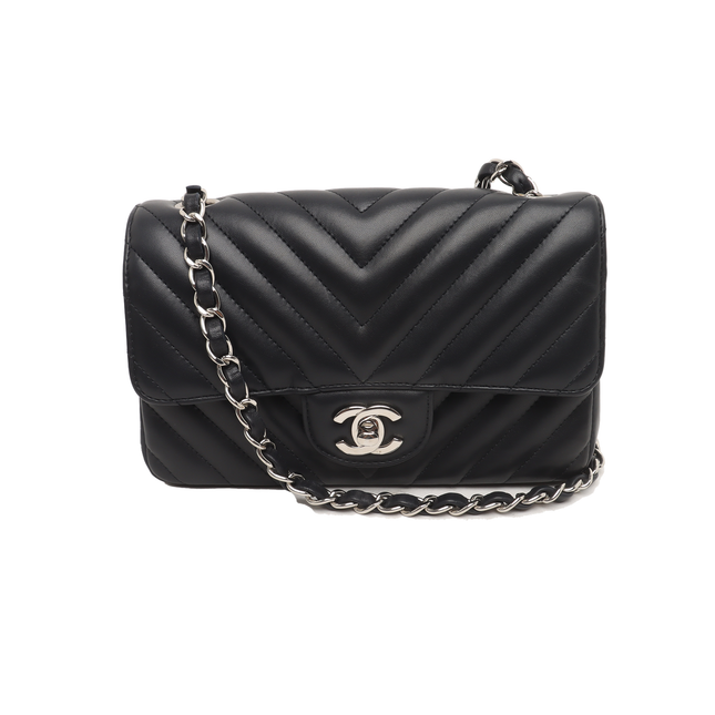 Chanel Classic Flap Mini Chevron Quilted Black Lambskin Silver Hardware-Luxbags