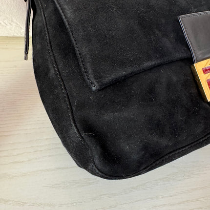 Fendi Mamma Baguette Black Suede Leather Red Buckle