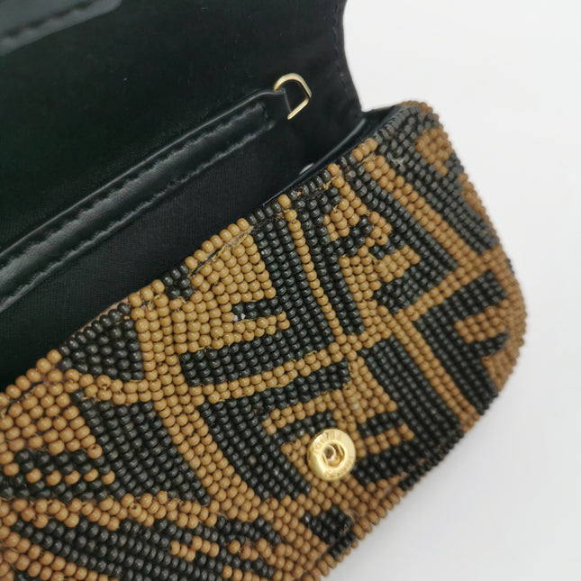 Fendi Nano Baguette Charm Beaded Brown Zucca Psychedelic Print Chain Strap