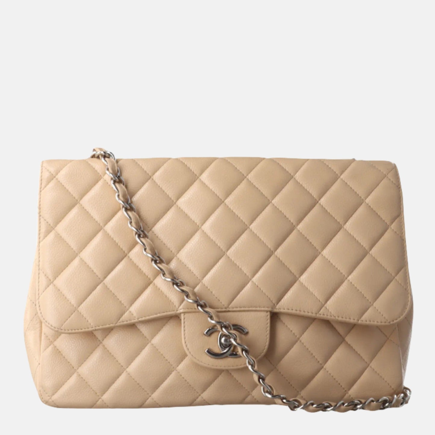 Chanel Classic Flap Jumbo 2010 Beige Caviar Leather Single Flap with Silver Hardware-Luxbags