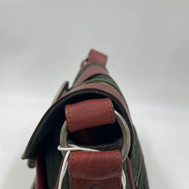 Dior Vintage Gaucho Mini Green Denim Burgundy Leather Crossbody Bag 2006